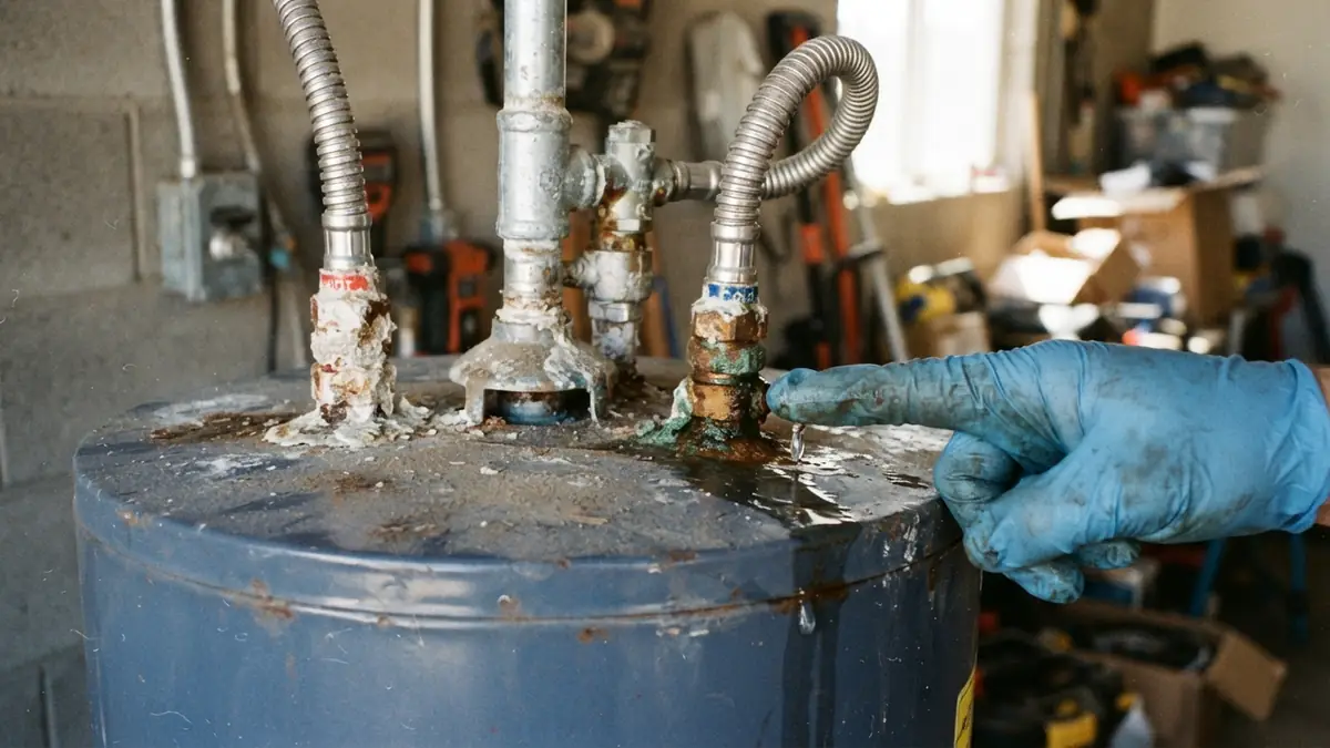 Scale-crusted connections on top of the tank, fixed during water heater leak repair