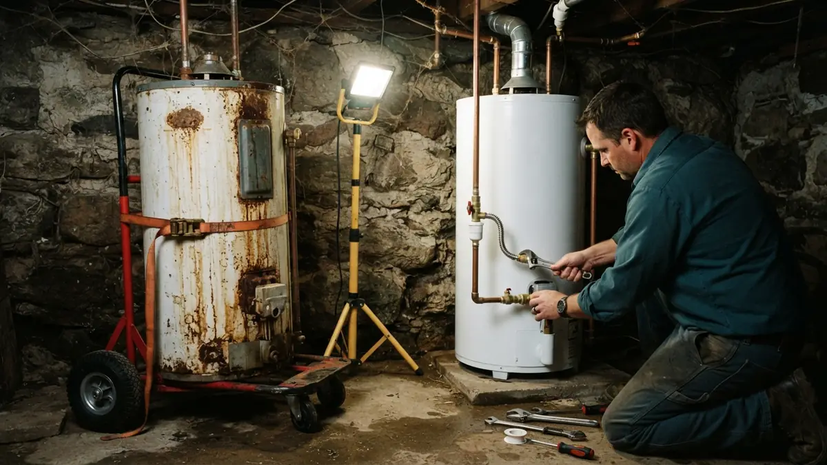 Old rusted tank beside its replacement, the outcome when water heater leak repair finds a failed tank