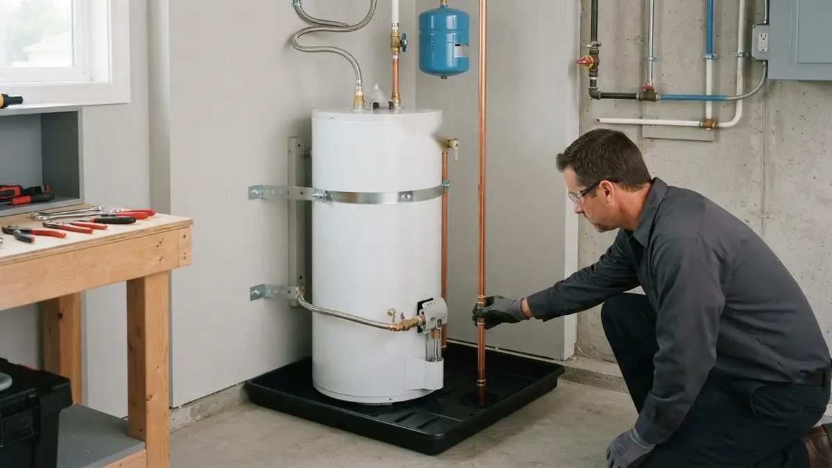 New tank with drain pan, expansion tank and straps, installed when water heater leak repair found a failed tank
