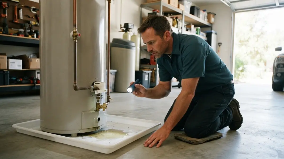 Plumber checking the drain pan under a leaking gas water heater during water heater leak repair