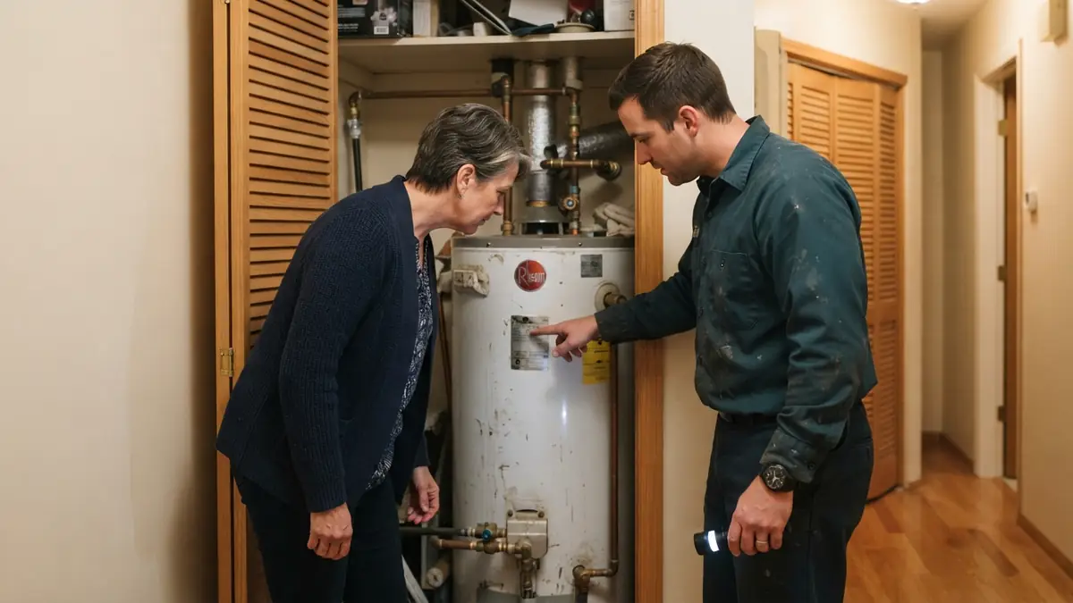Plumber reading the heater's age off the rating plate with a homeowner before water heater leak repair